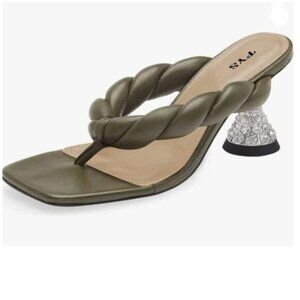 FYS Olive Rhinestone Mid Heel Thong Sandals Square Open Toe Flip Flops Slippers